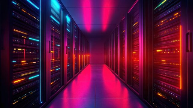 Futuristic data center corridor illuminated with vibrant neon blue and red lights reflecting off glossy floor and server racks - Powered by Adobe