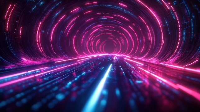 Futuristic neon tunnel with glowing pink and blue lights forming circular patterns along the walls and a shiny reflective floor, evoking a sense of speed and technology