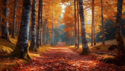 Sunlit forest path covered with fallen autumn leaves and tall birch trees with orange foliage creating a warm and serene atmosphere
