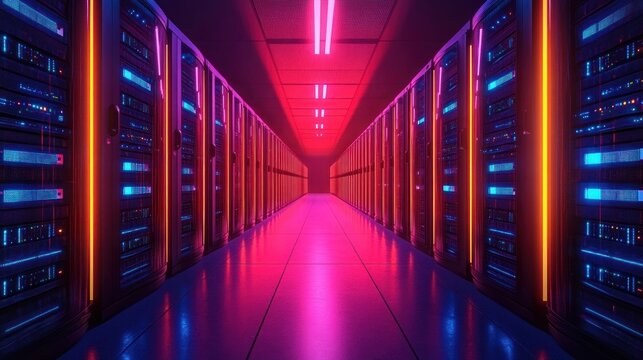 Futuristic data center aisle with glowing server racks illuminated by pink, purple, and blue neon lights creating a vibrant high-tech atmosphere
