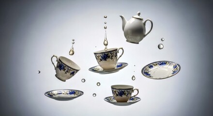 Zero G Tea Ceremony Floating Porcelain and Liquid Still Life Space Concept