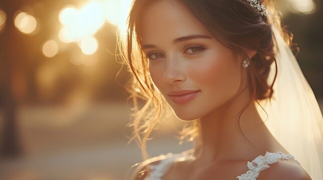 Beautiful bride with serene expression standing outdoors during golden hour