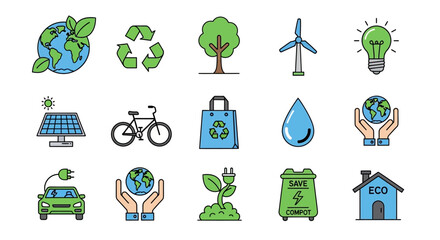 Collection of Eco Friendly Icons Representing Sustainability and Green Living.
