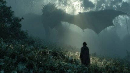 A solitary figure gazes up at a colossal, mystical winged creature shrouded in mist within a forest clearing