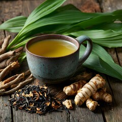 허브와 향신료가 놓인 따뜻한 허브차