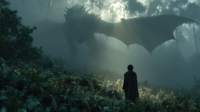 A solitary figure gazes up at a colossal, mystical winged creature shrouded in mist within a forest clearing