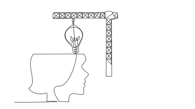 Self drawing animation of continuous one line drawing a woman controls crane inserts lightbulb into big open silhouette of a head. Memory reconstruction. National Creativity Day. Full length animated