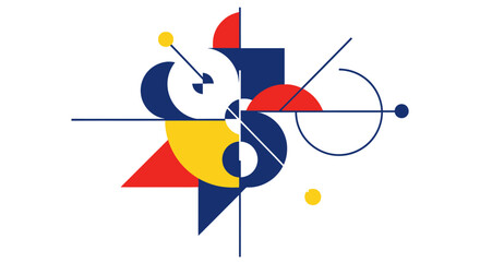 Abstract geometric composition with colorful shapes and lines.