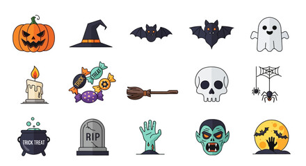 Collection of spooky Halloween icons and symbols for holiday design.