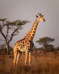 Obraz premium Majestic giraffe stands tall in african savannah landscape with acacia trees