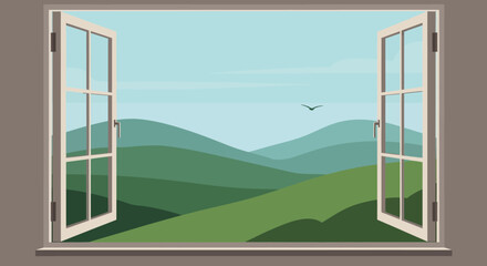 Open window overlooking green hills and blue sky scenery.