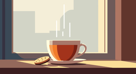 Steaming Cup of Tea and Cookie by the Window.