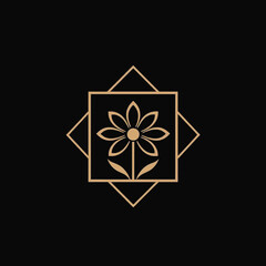 Elegant golden floral design featuring a stylized flower within geometric shapes on black background.