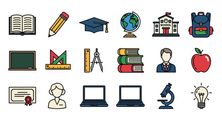 Educational Icons Collection Books Pencils Globes and School Supplies.
