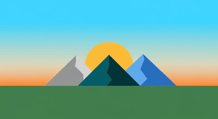 Stylized Sunrise Over Geometric Mountains.