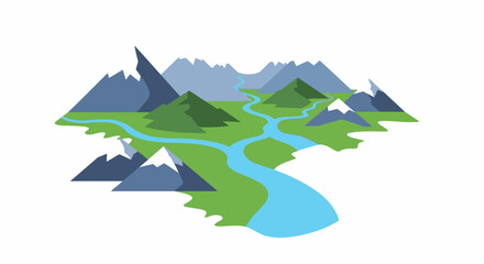 Stylized Mountain Landscape with River Valley Illustration.
