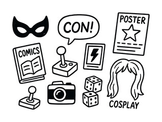 Vector Comic convention icons with comic book, cosplay, dice, masks, and controller