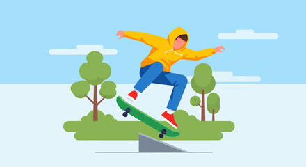 Teenager in a yellow hoodie doing a skateboard jump in a park.