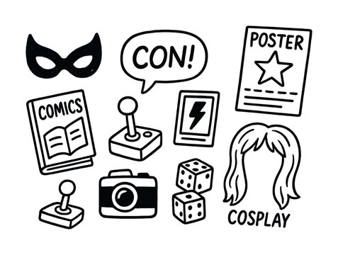 Vector Comic convention icons with comic book, cosplay, dice, masks, and controller