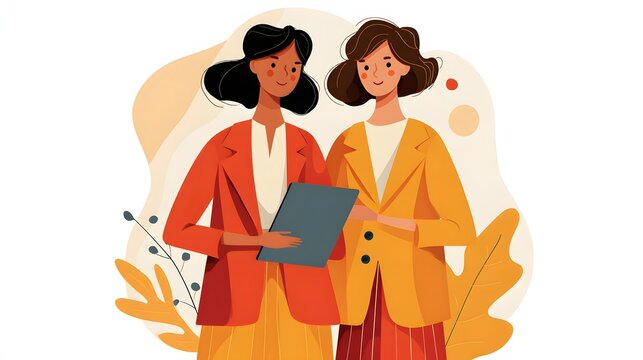 Two diverse women in smart casual attire collaborate on a digital device.