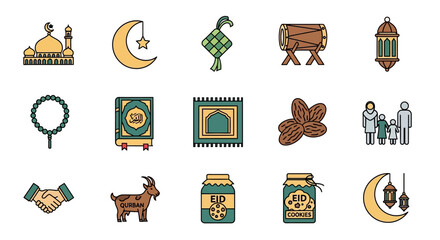 Islamic Eid alFitr and Eid alAdha celebration icons collection.