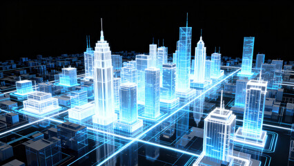 Futuristic Blue Wireframe Digital Cityscape
