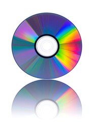 Blank CD or DVD disc with rainbow holographic reflection, digital media mockup. Isolated on white background