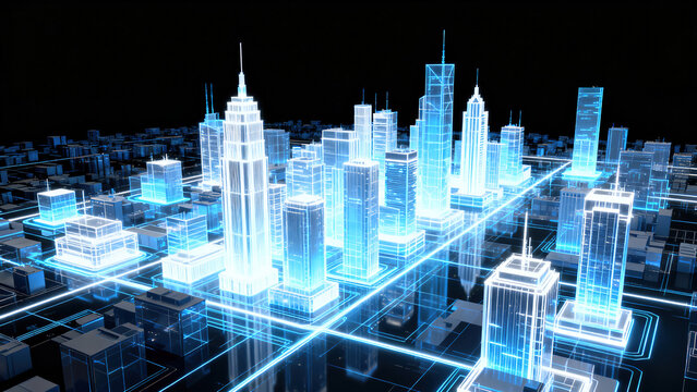 Futuristic Blue Wireframe Digital Cityscape