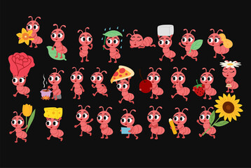 Cute Cartoon Ants Collection with Various Poses and Objects