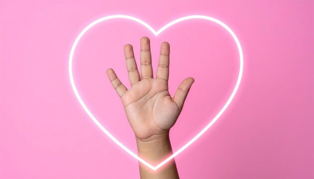 A child's handprint inside a glowing heart on a pink background symbolizes innocence and play