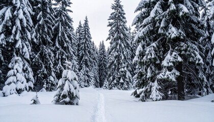Fototapeta premium Evergreen conifer forest covered with snow showing natural seasonal beauty