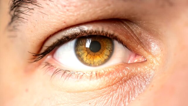 Close-up of a human eye with a hazel iris and detailed skin texture.