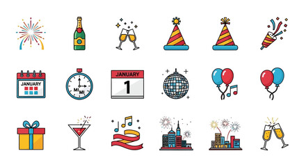 New Years Eve Celebration Icons Festive Symbols of Joy and Anticipation.