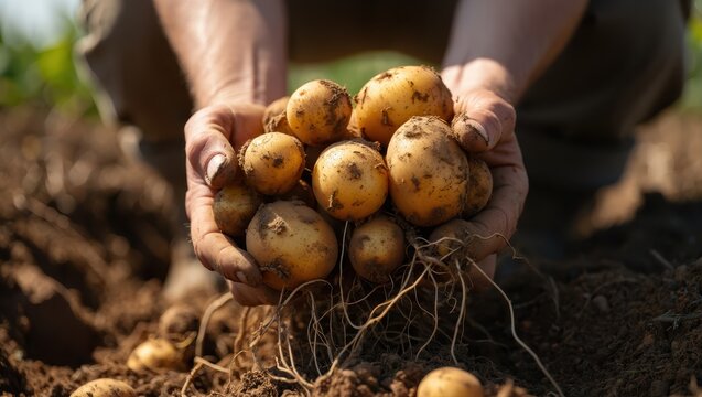 Close up of farmer holding fresh potatoes in hands in field, showing the harvest and the connection to the land and nature