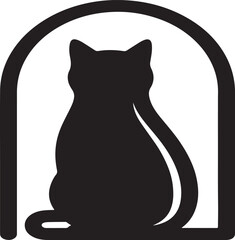 Silhouette of a sleek black cat with bright eyes and a curved tail standing arched on a white background isolated on white background.