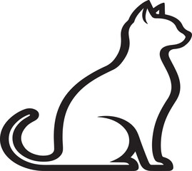 Simple outline drawing of a domestic cat standing with its tail curled upwards and a playful posture isolated on white background.
