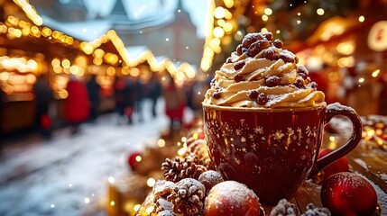 Warm cup of spiced hot chocolate with whipped cream in a festive market during wintertime evening