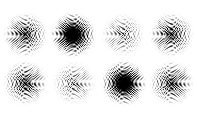 Halftone gradient circles collection. Dots textured round patterns. Cartoon comic radial faded background set. Abstract pixelated elements for frame, poster, collage, banner, flyer. Eps10