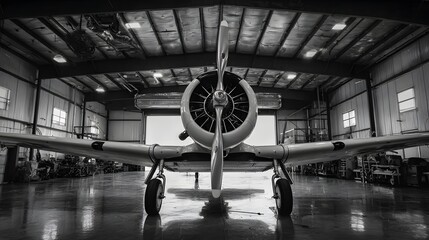 Vintage aircraft rests in a hangar, showcasing its propeller and wings.