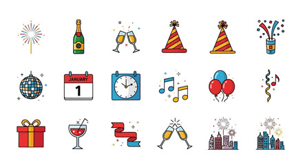 New Years Eve Celebration Icons Set with Fireworks Champagne and Party Hats.