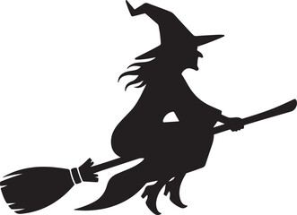 Flying Witch Silhouette on Broom Fantasy Halloween Vector Illustration.