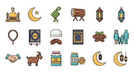 Set of colorful flat line icons for Ramadan and Eid celebrations.