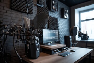 Contemporary podcast recording space featuring a microphone arm, studio-quality speakers, and sizable acoustic panels for optimal audio quality