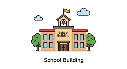 School Building Illustration with Bell Tower and Flag.