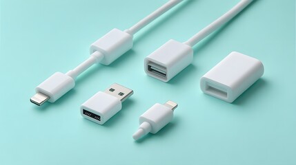 Fototapeta premium White USB adapters and cables arranged on a blue background.