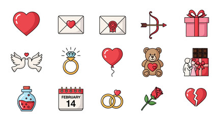 Valentines Day Icons Collection Romantic Symbols and Objects.