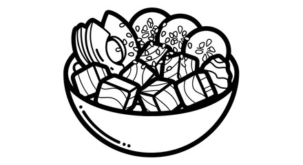 Black and white illustration of a poke bowl with various ingredients.
