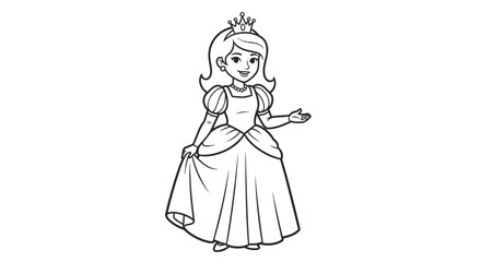 Beautiful princess with a crown and a long dress smiling and holding her dress.