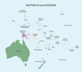 Fototapeta premium Map of Australia and Oceania in flat style isolated on white background. Vector cliparts.