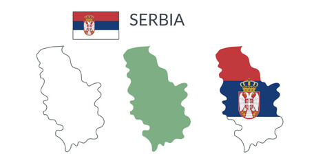 Serbia country geographical borders isolated on white background. Flag of Serbia. Vector flat cliparts.